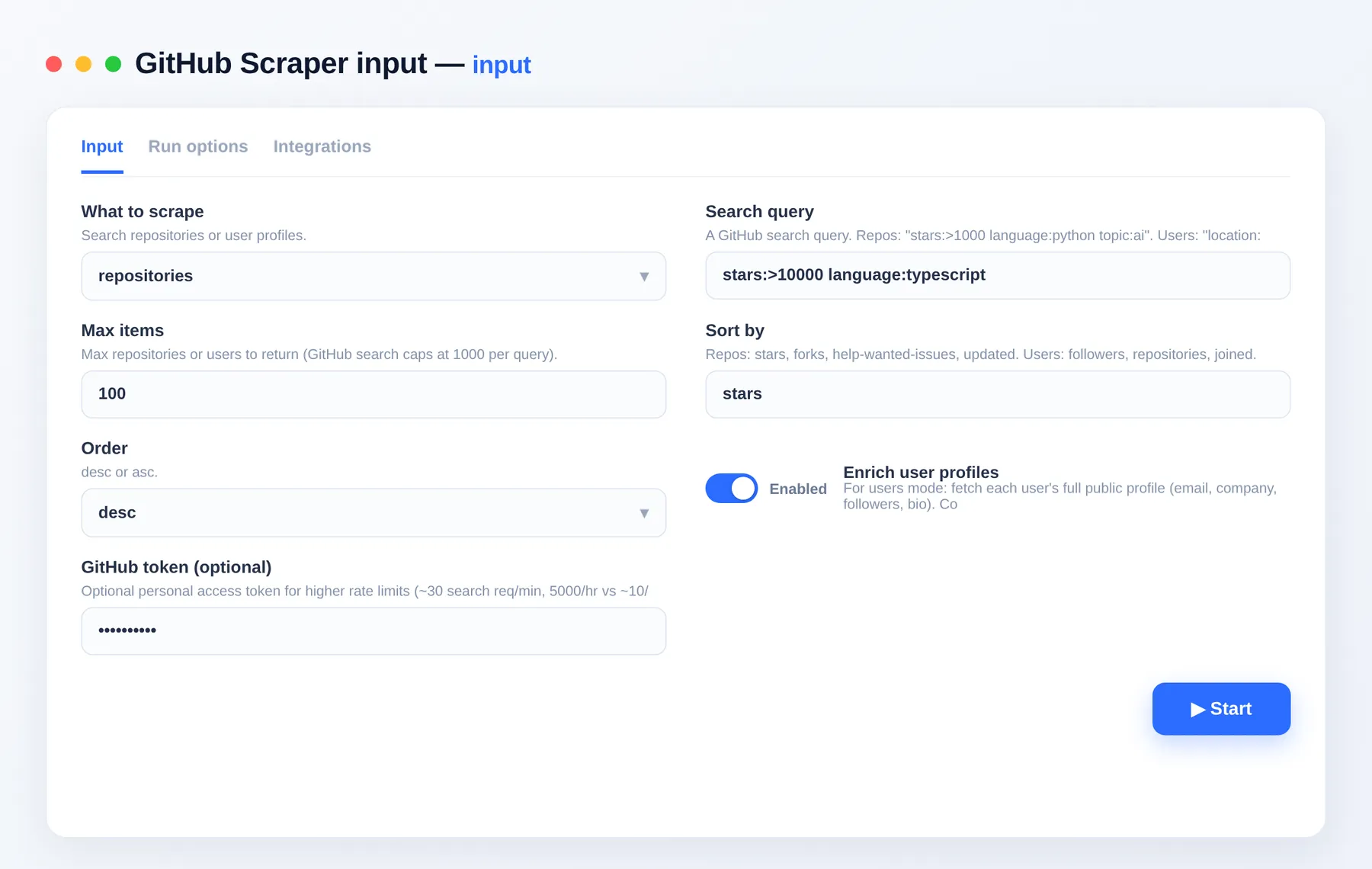 GitHub Scraper input — mode, GitHub search query, max items, sort, order and enrich-profiles fields in the Apify Console