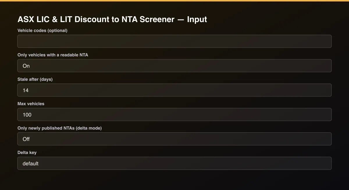 ASX LIC & LIT Discount to NTA Screener input form