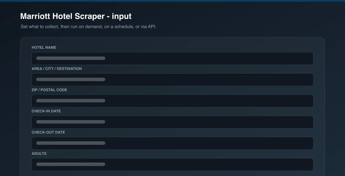 Marriott Hotel Scraper input options
