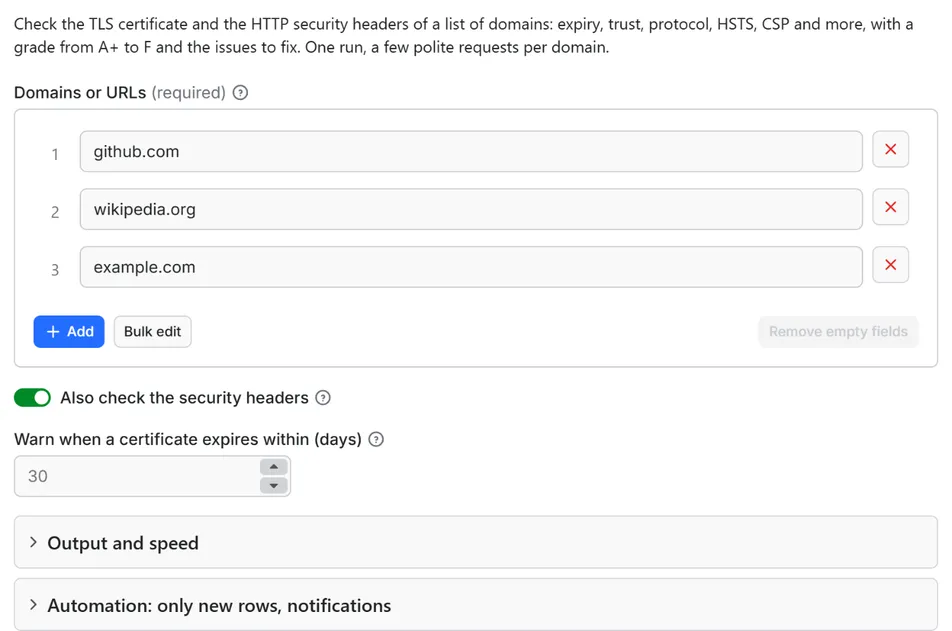 Input form of SSL Certificate and Security Headers Checker API