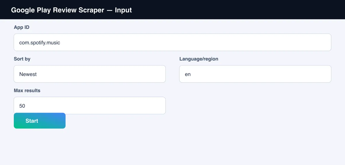 Google Play Review Scraper input form with app ID, sort order and language