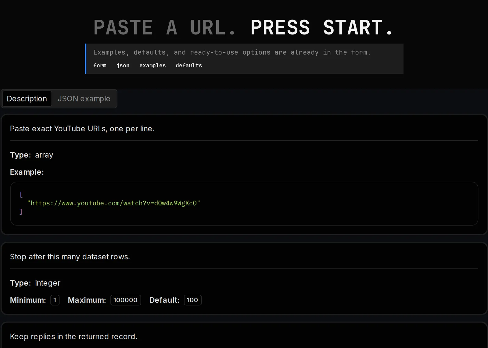 YouTube Comment Scraper published input controls