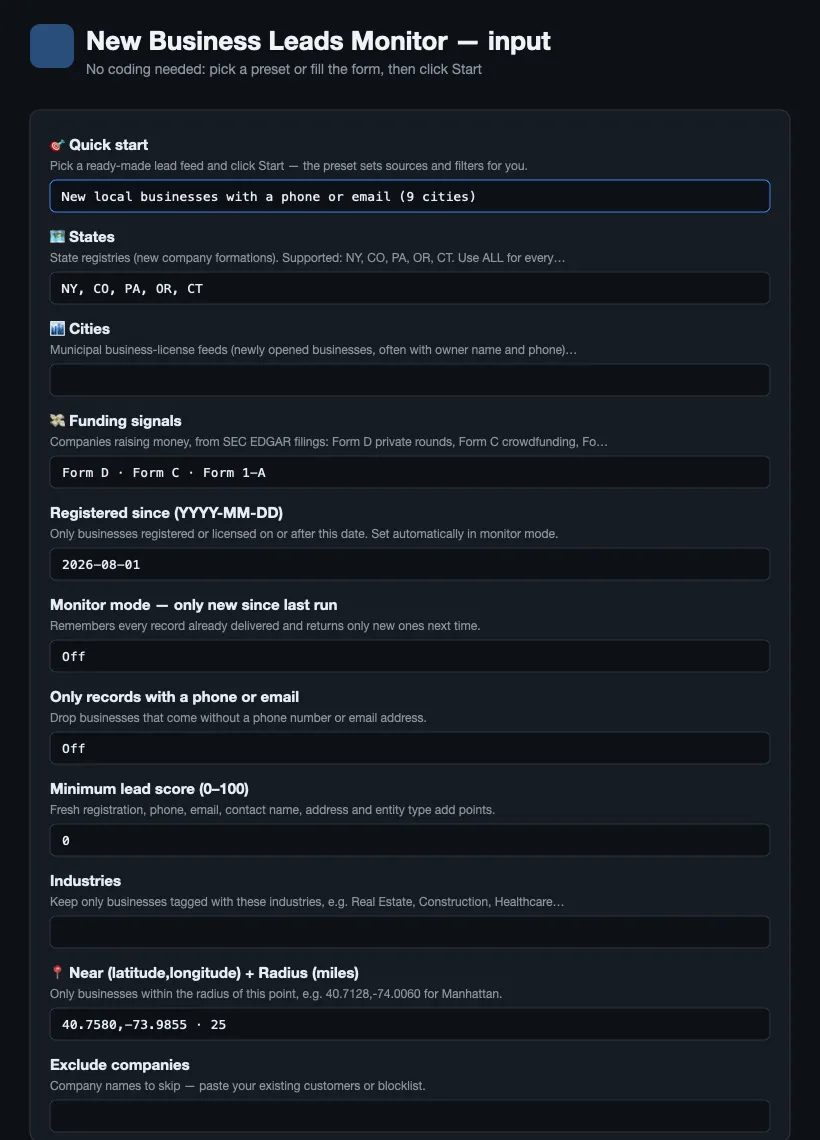 US New Business Leads input form on Apify: quick-start presets, states, cities, funding signals, radius