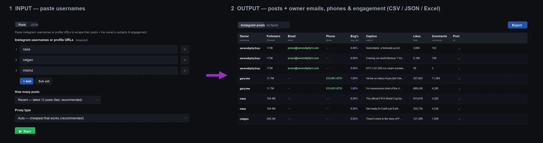 Instagram Post Scraper — paste usernames in, get posts + owner emails, phones & engagement out