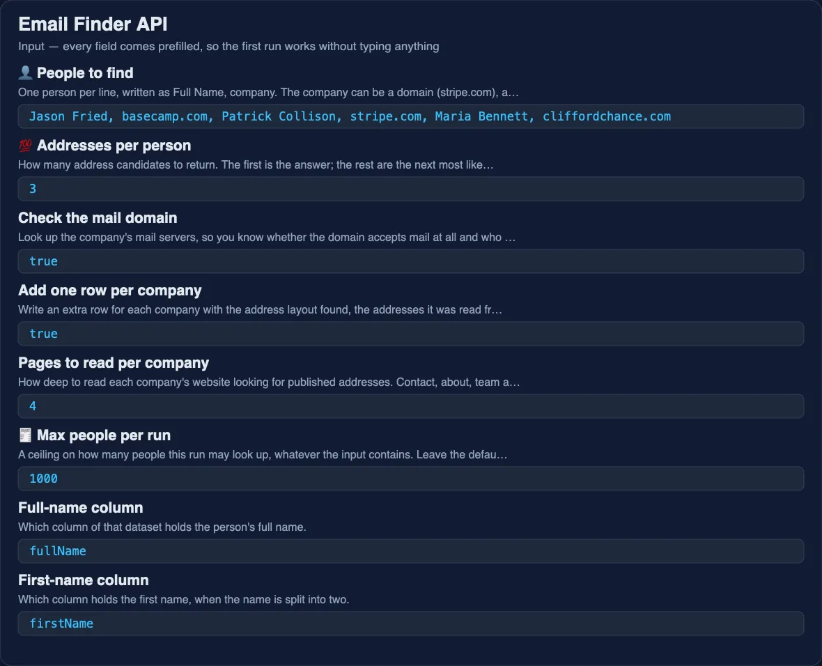 Email Finder API input form — names, companies and options