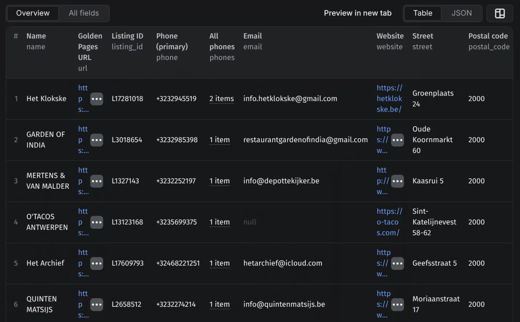 Golden Pages scraper output example