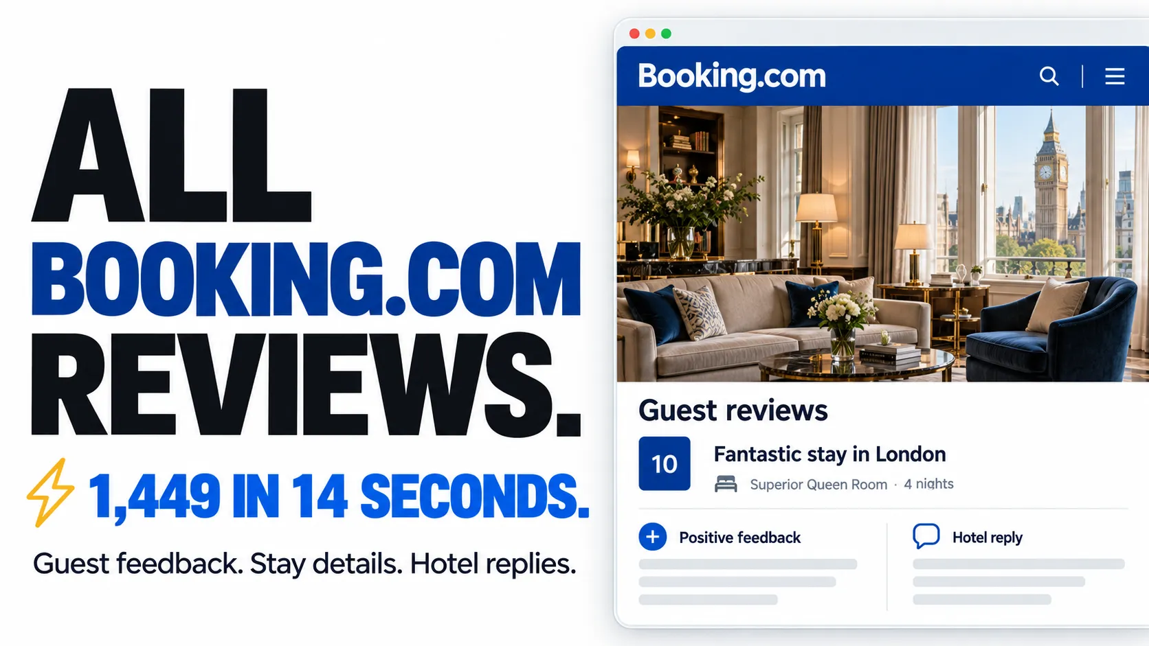 All Booking.com reviews. 1,449 in 14 seconds. Guest feedback. Stay details. Hotel replies.