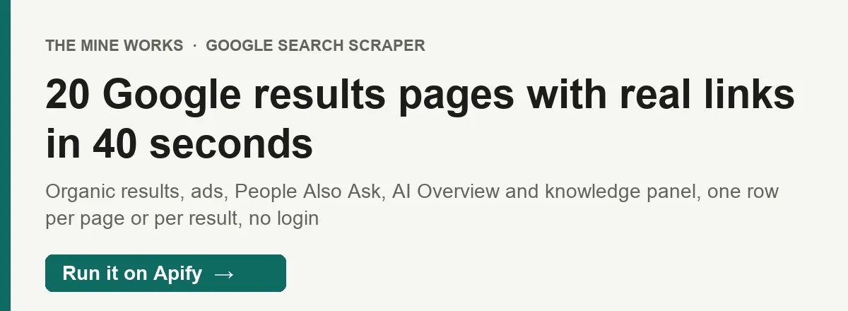20 Google results pages with real links, ads, questions and AI Overviews in 40 seconds