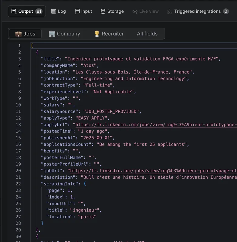 LinkedIn jobs scraper output example — job, company and recruiter data in JSON