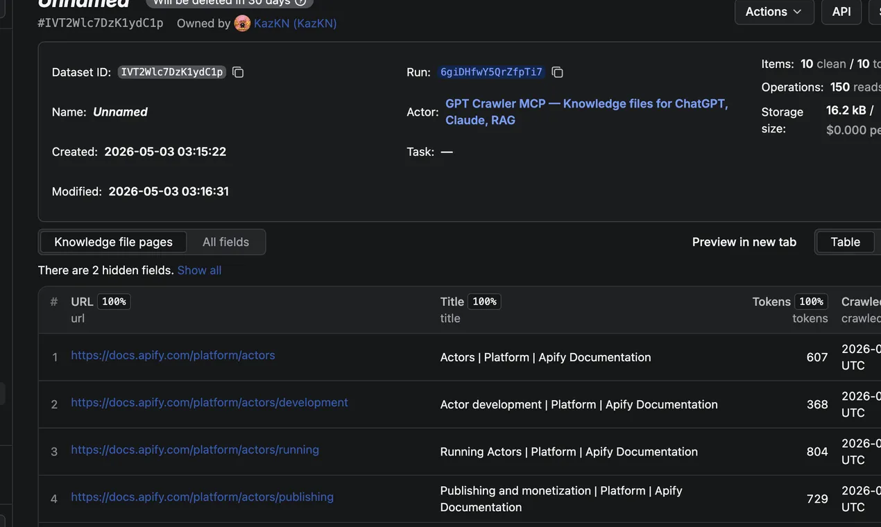 GPT Crawler MCP — Dataset table view