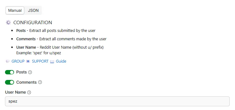 Reddit User Analyzer Input Configuration