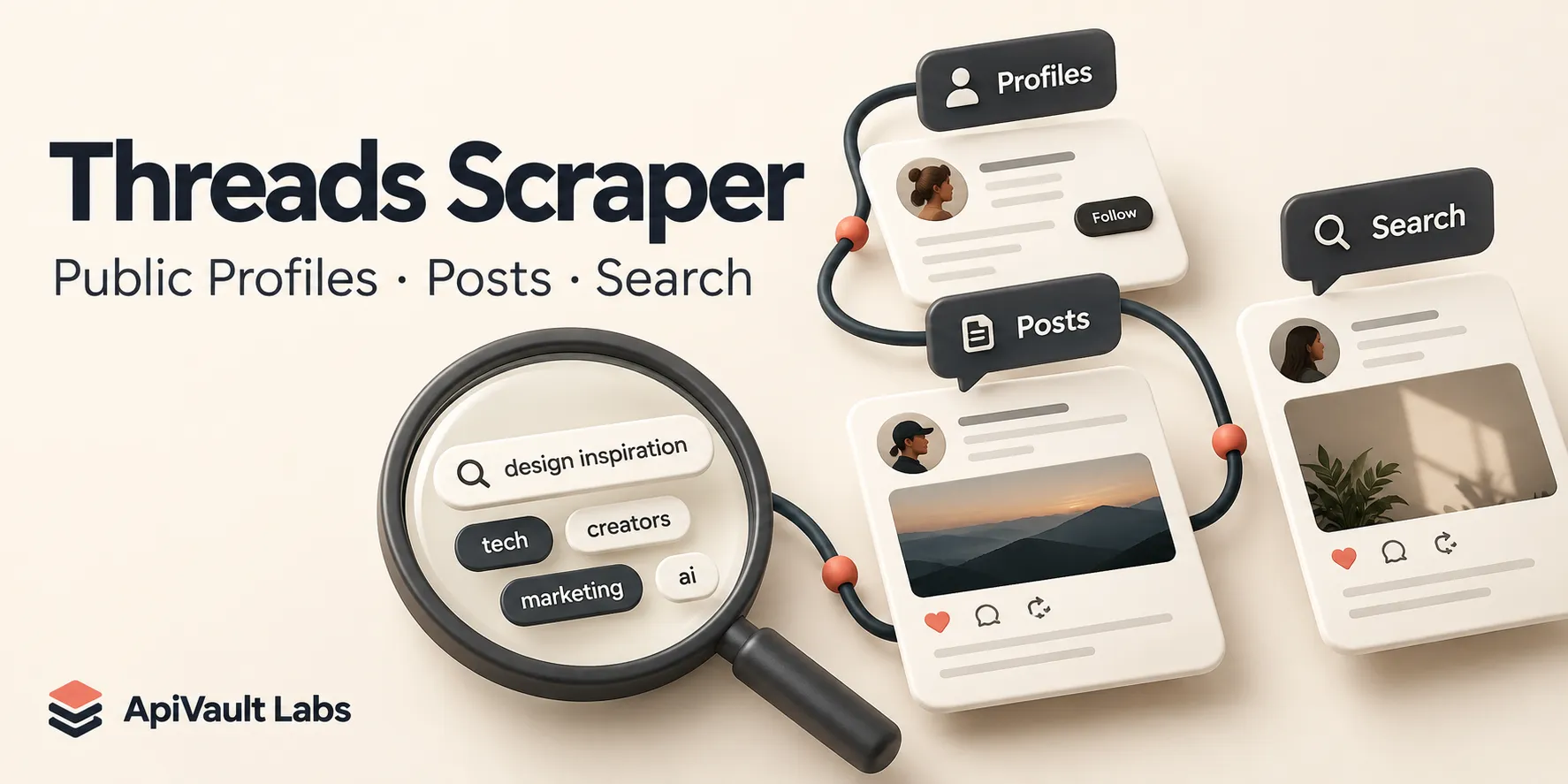 Threads public profiles, posts and search — illustrative artwork