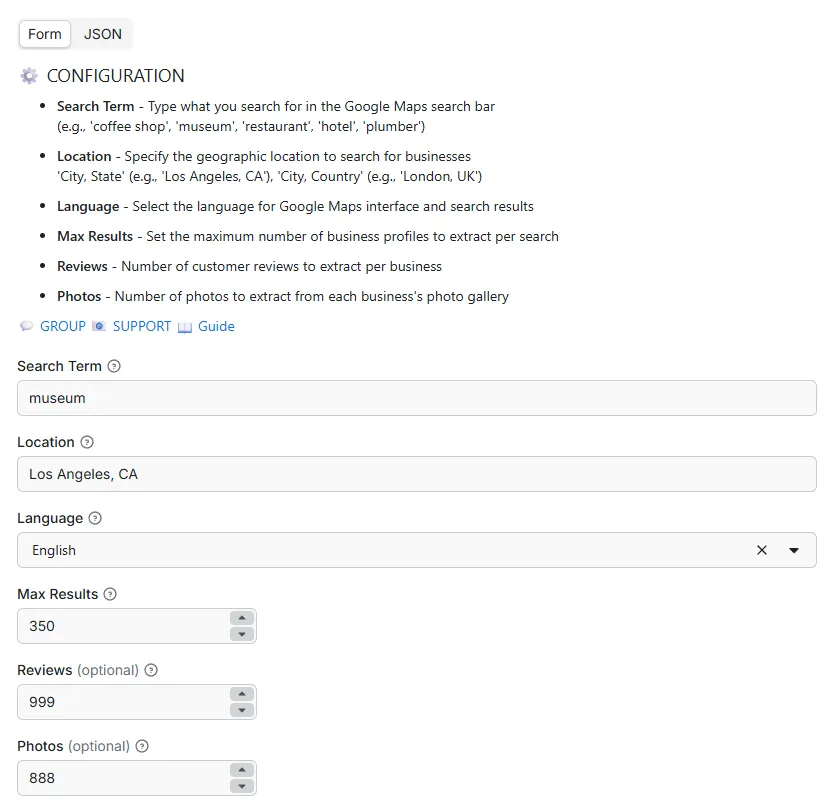Input parameters interface showing search_term for business keywords, location field for city/region, language selector, max_results limit, photos and reviews settings
