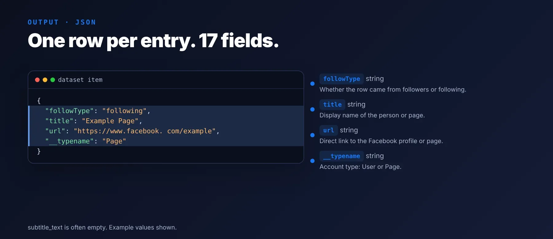 Facebook Followers & Following Scraper output: followType, title, url and __typename fields
