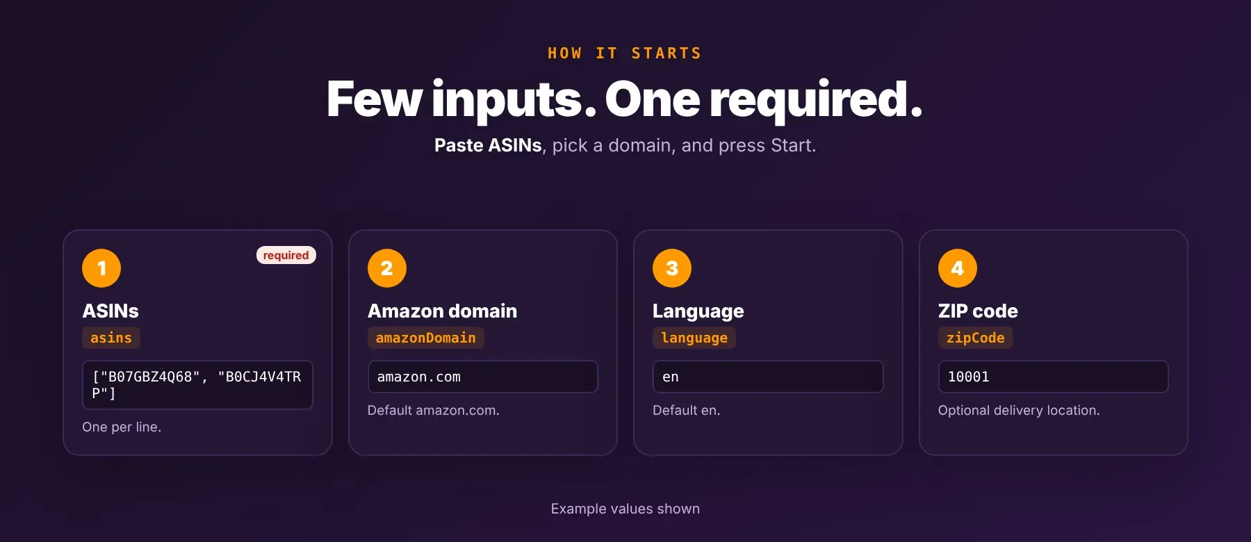 Amazon ASIN Scraper input form with ASINs, domain, language and ZIP code
