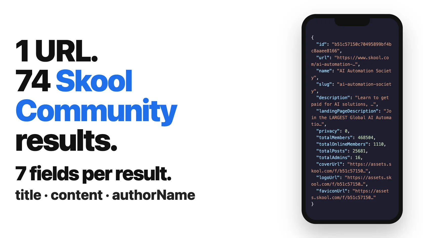 1 URL. 74 Skool Community results. 7 fields per result.