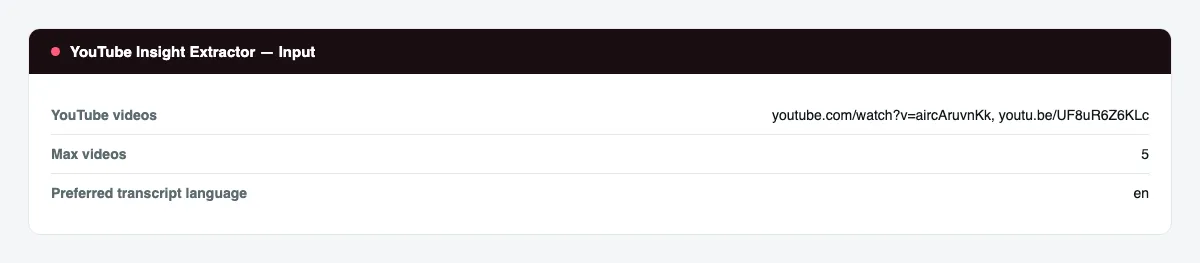 YouTube Insight Extractor input form filled with video URLs