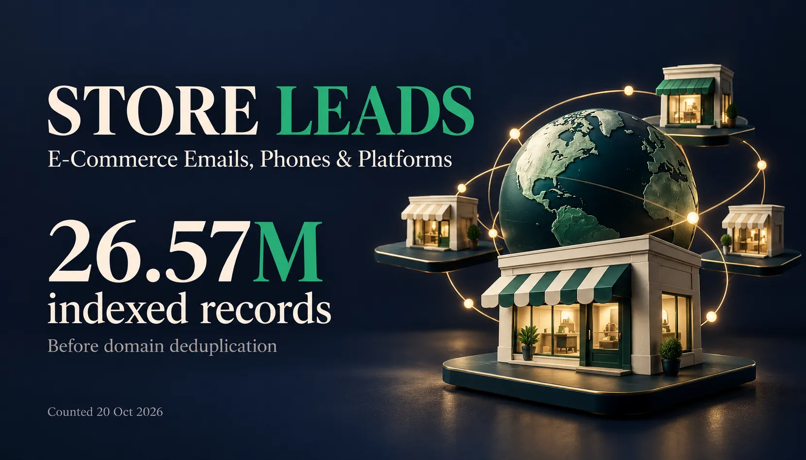 Store Leads — 26.57M indexed records before domain deduplication