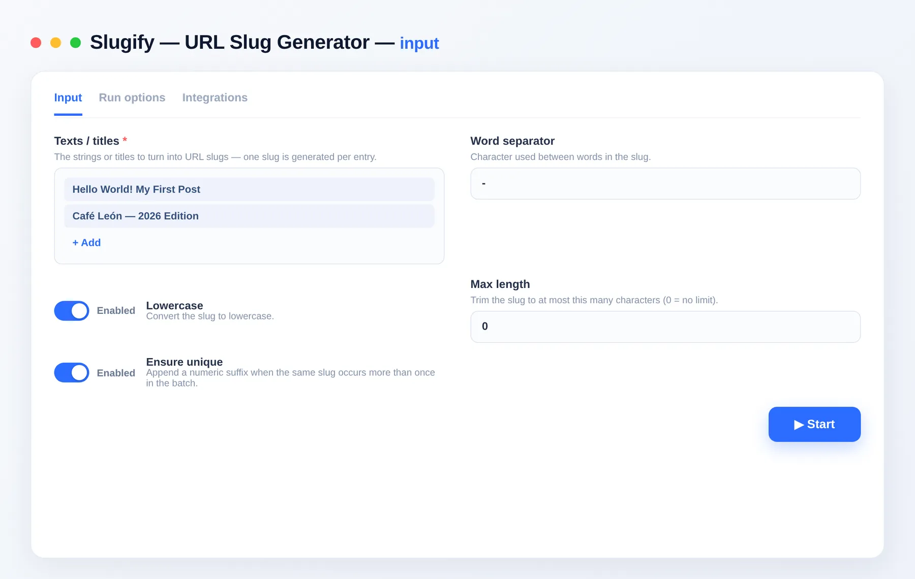 Slugify — URL Slug Generator input — configure the options in the Apify Console