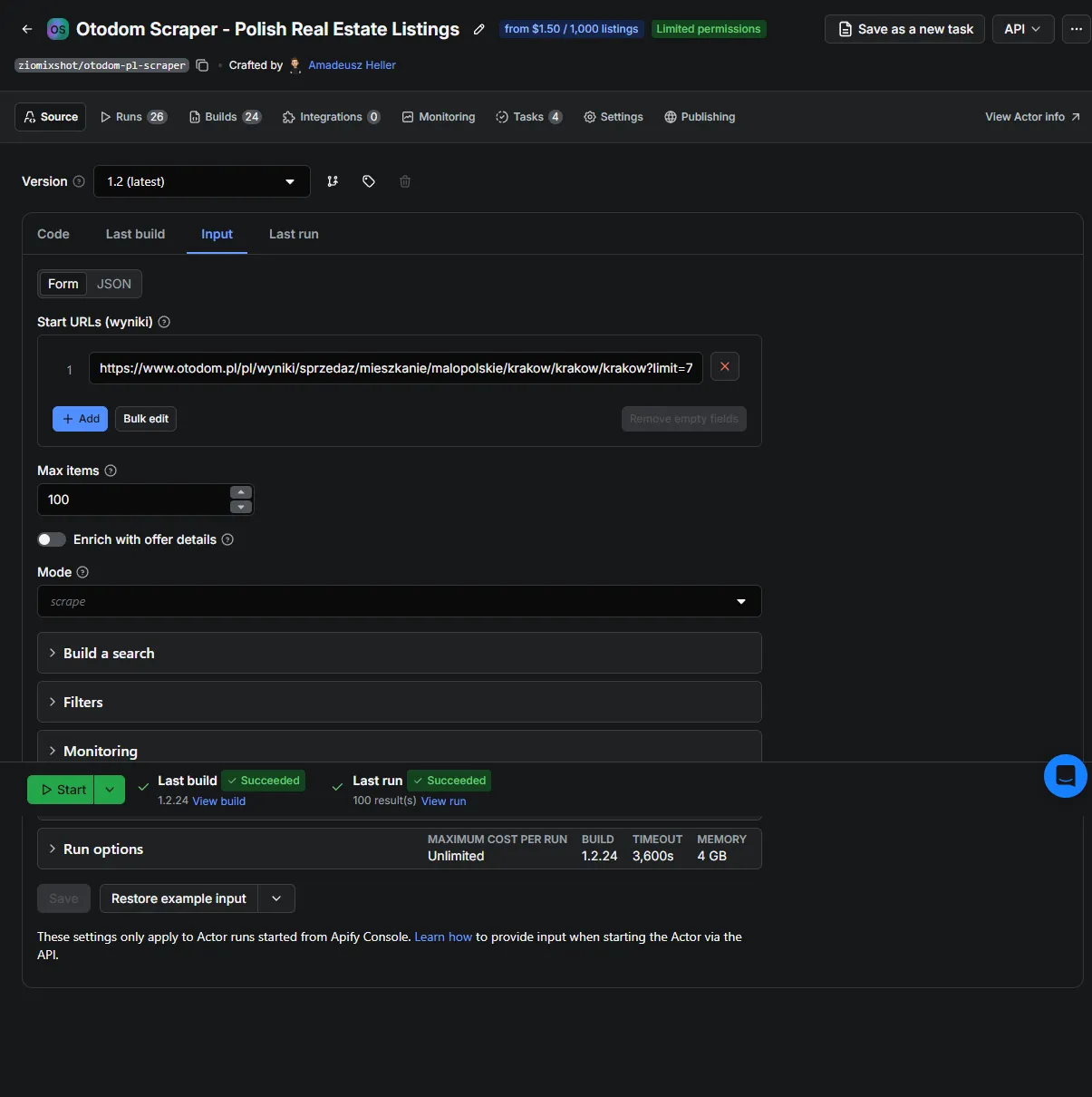 Otodom Scraper input form with a structured Kraków search and a 100-item limit