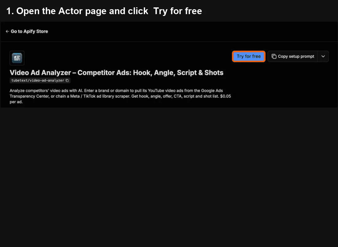 Video Ad Analyzer quick start: click Try for free, paste your input, click Start, export to Excel