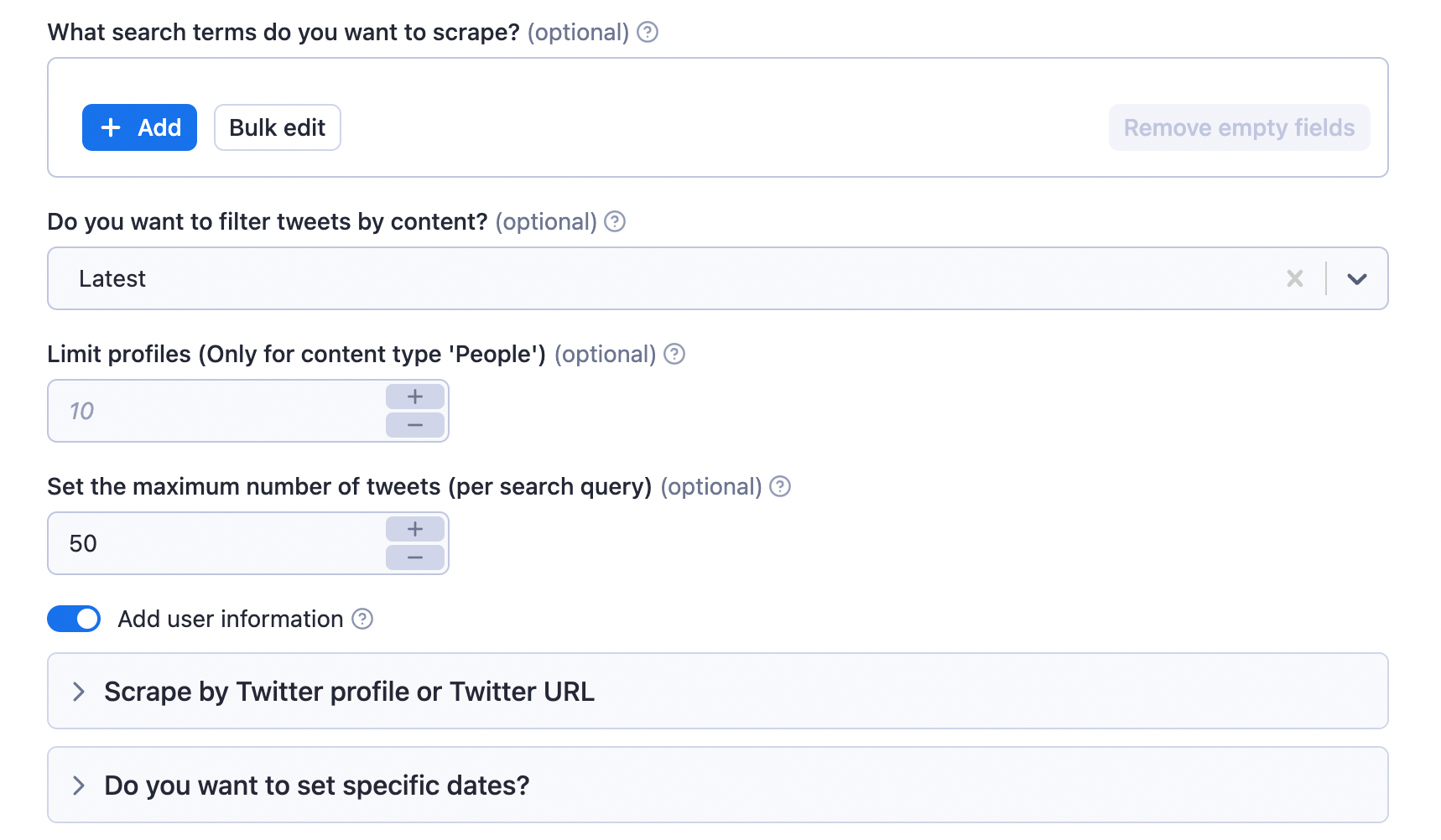 Apify - Twitter Scraper input