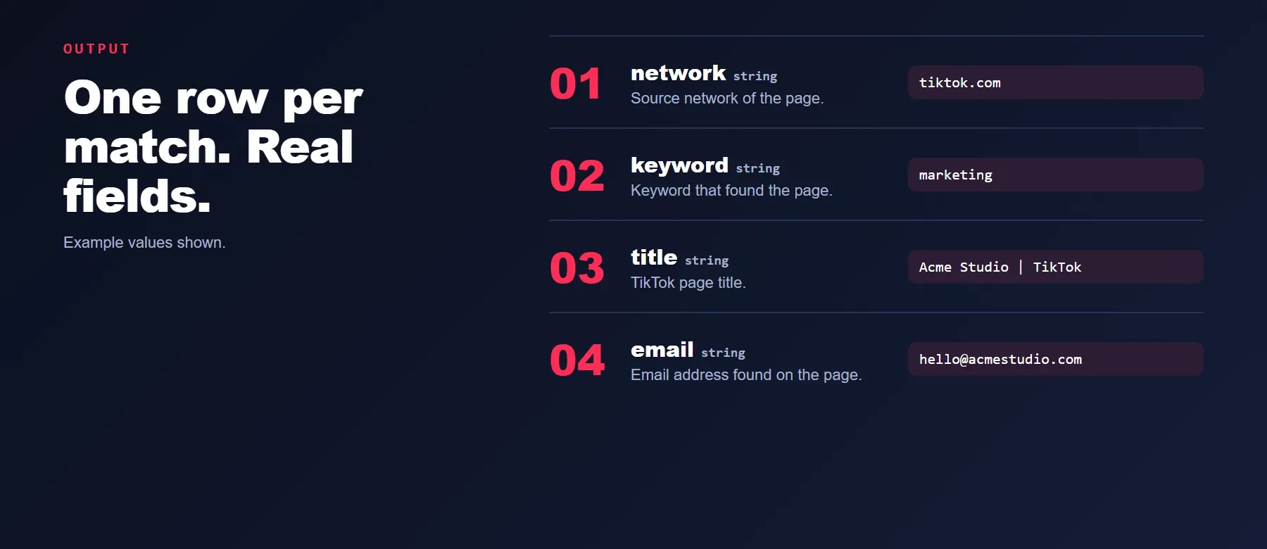 TikTok Email Scraper output: one row per match with network, keyword, title and email