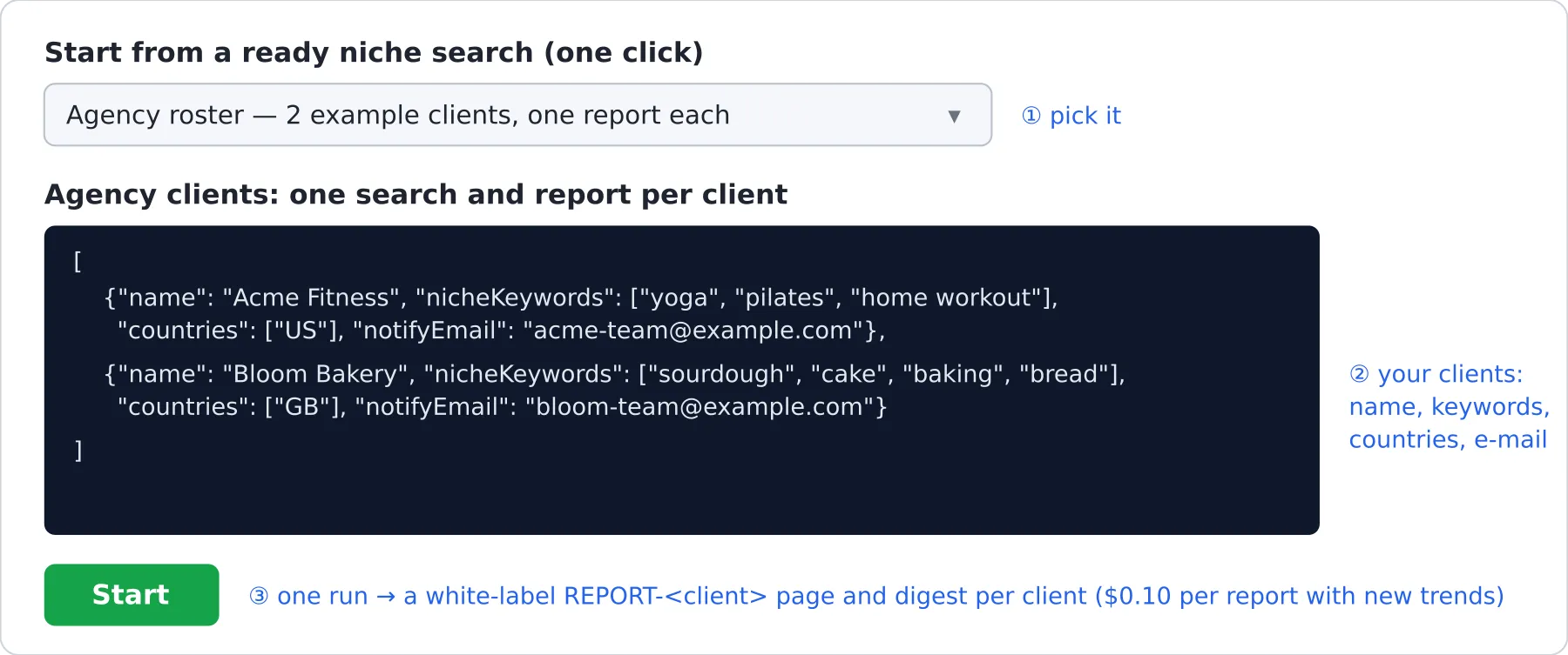 The agency form: pick Agency roster, edit the two example clients, press Start