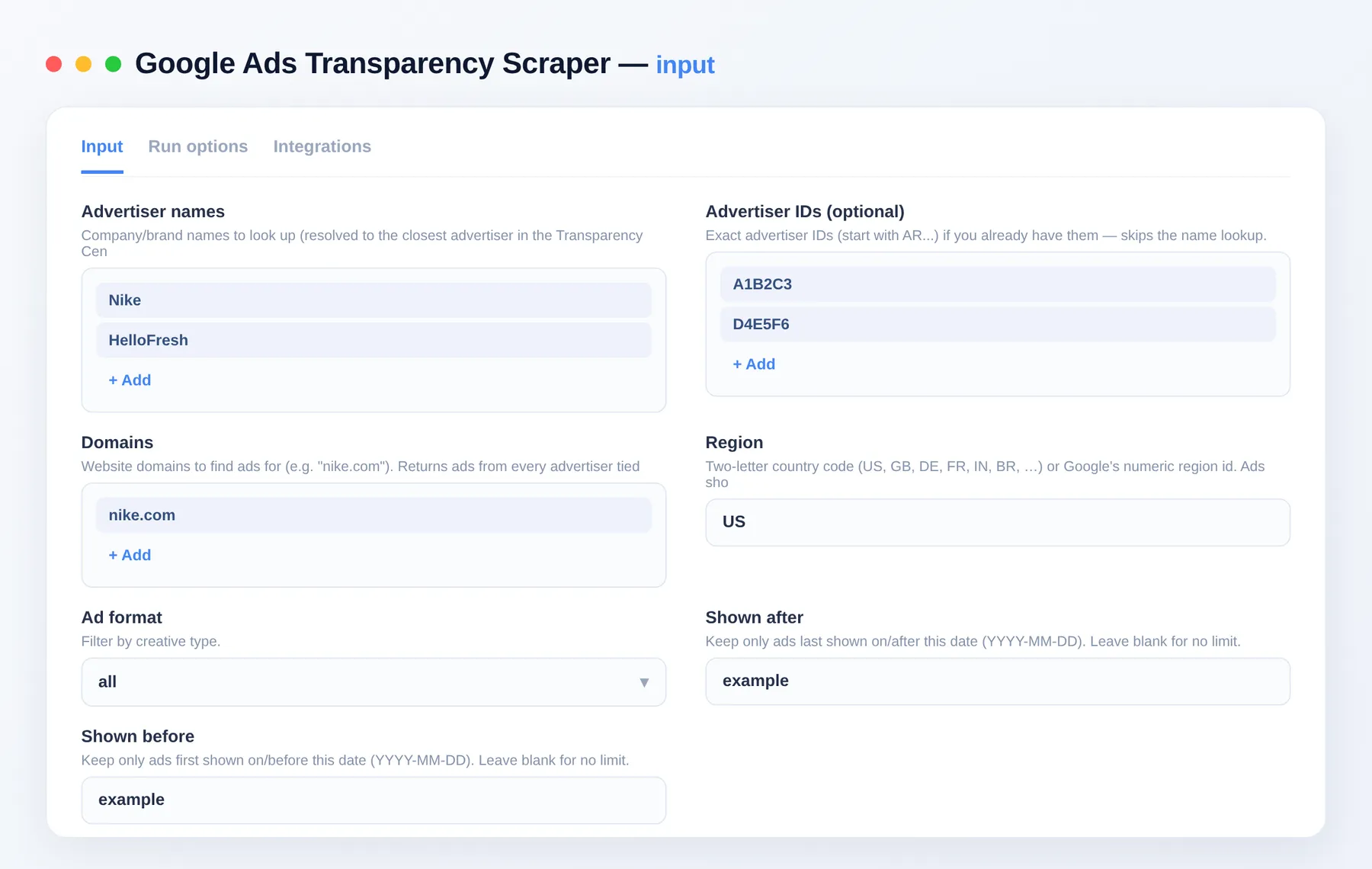 Google Ads Transparency Scraper input — advertiser names, domains, region and format filters in the Apify Console