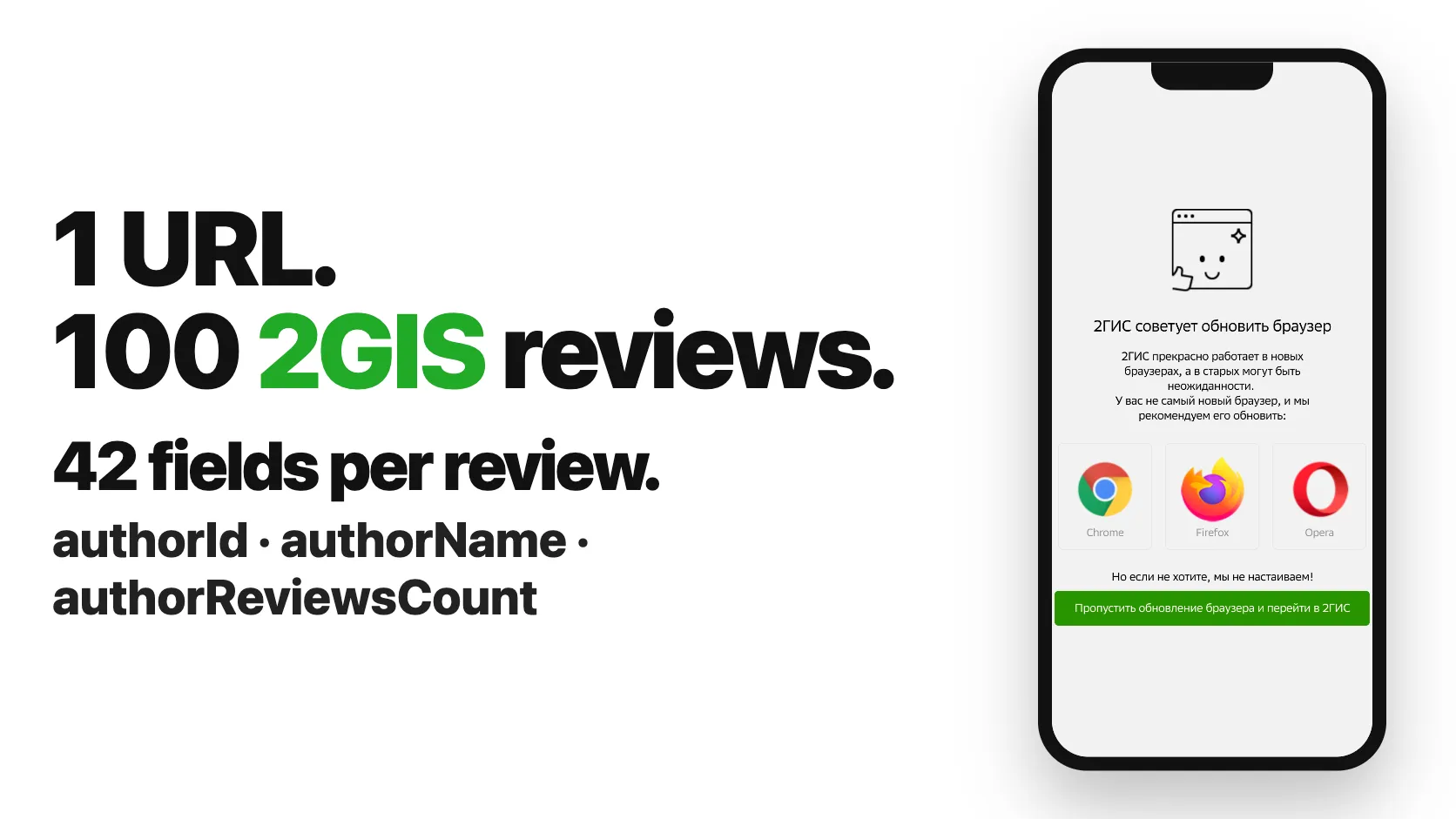 1 URL. 100 2GIS reviews. 42 fields per review.