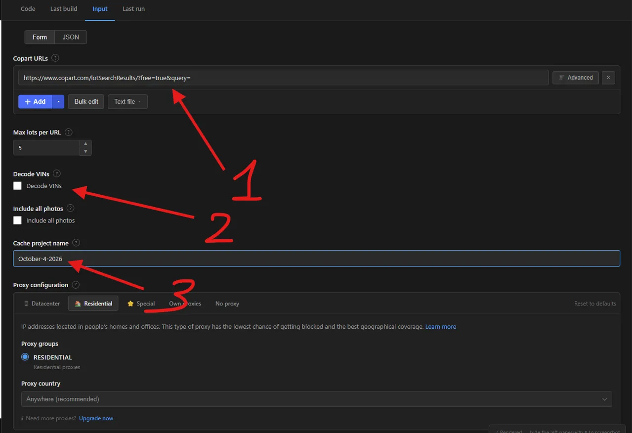 Copart Auction Lot Scraper input