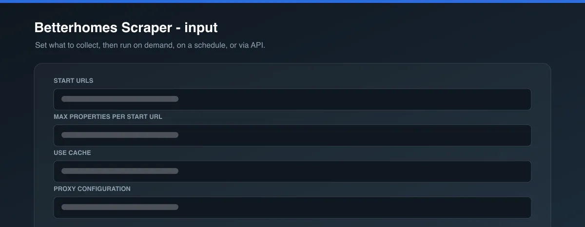 Betterhomes Scraper input options