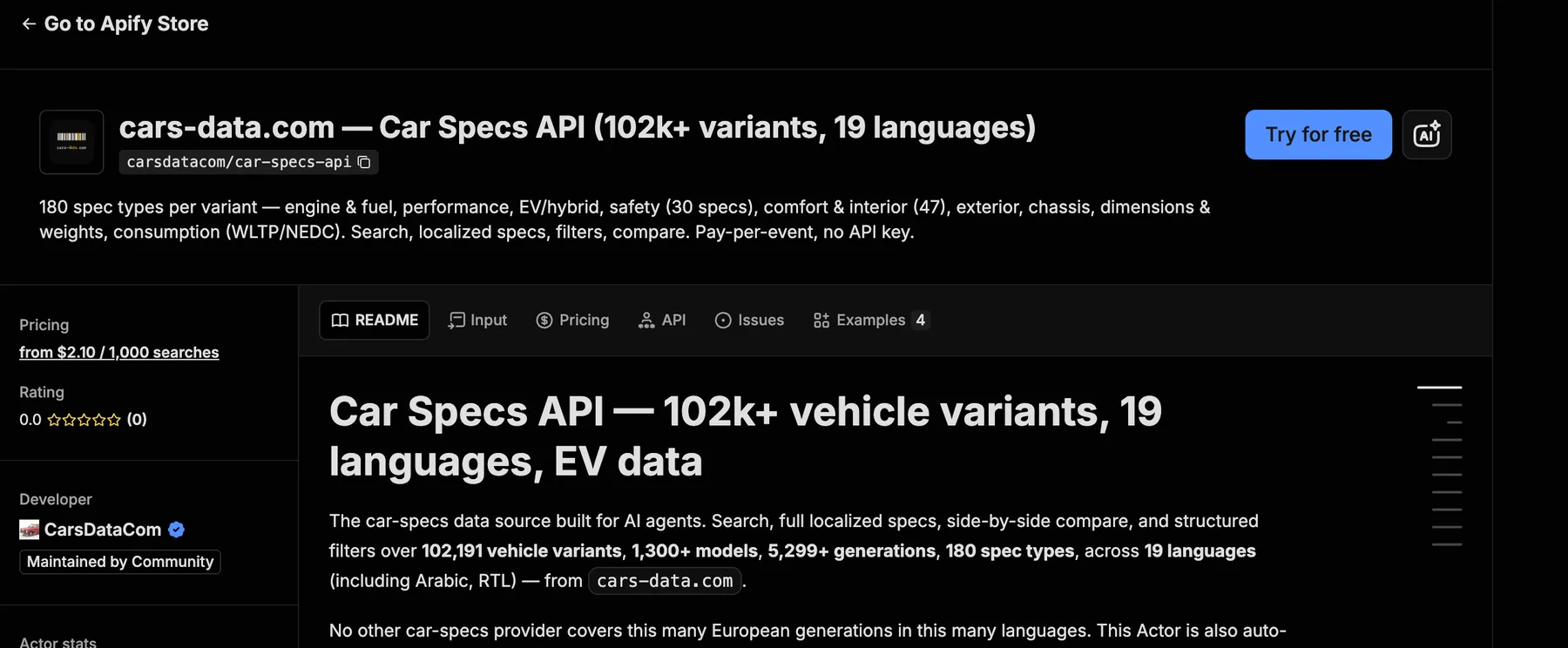 cars-data.com Car Specs API — Store page