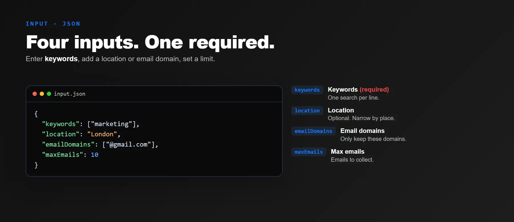 VK Email Scraper input: keywords, location, email domains and max emails