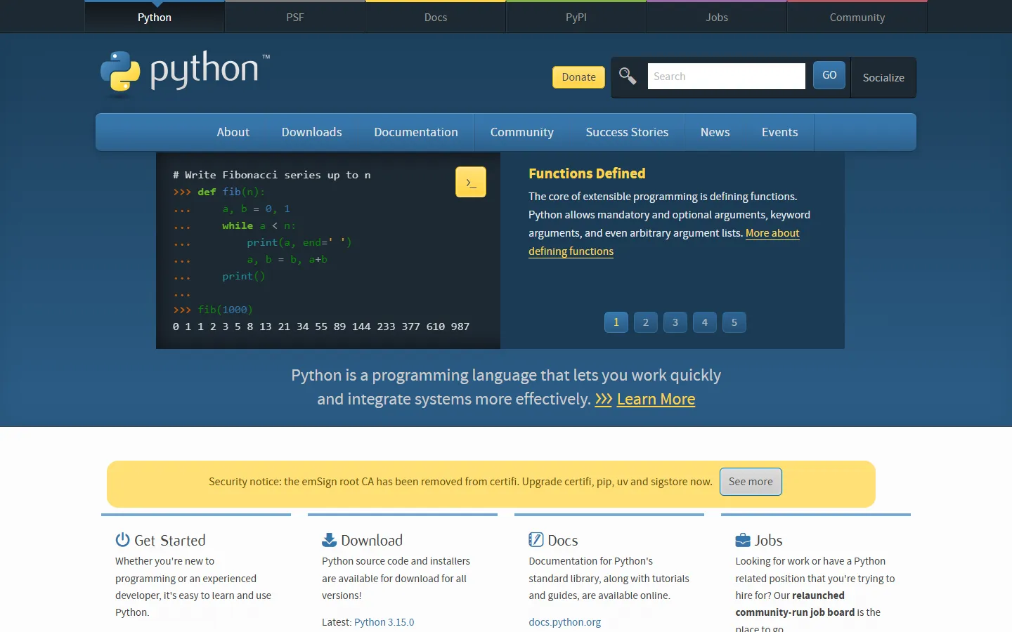 Desktop first-screen screenshot of python.org