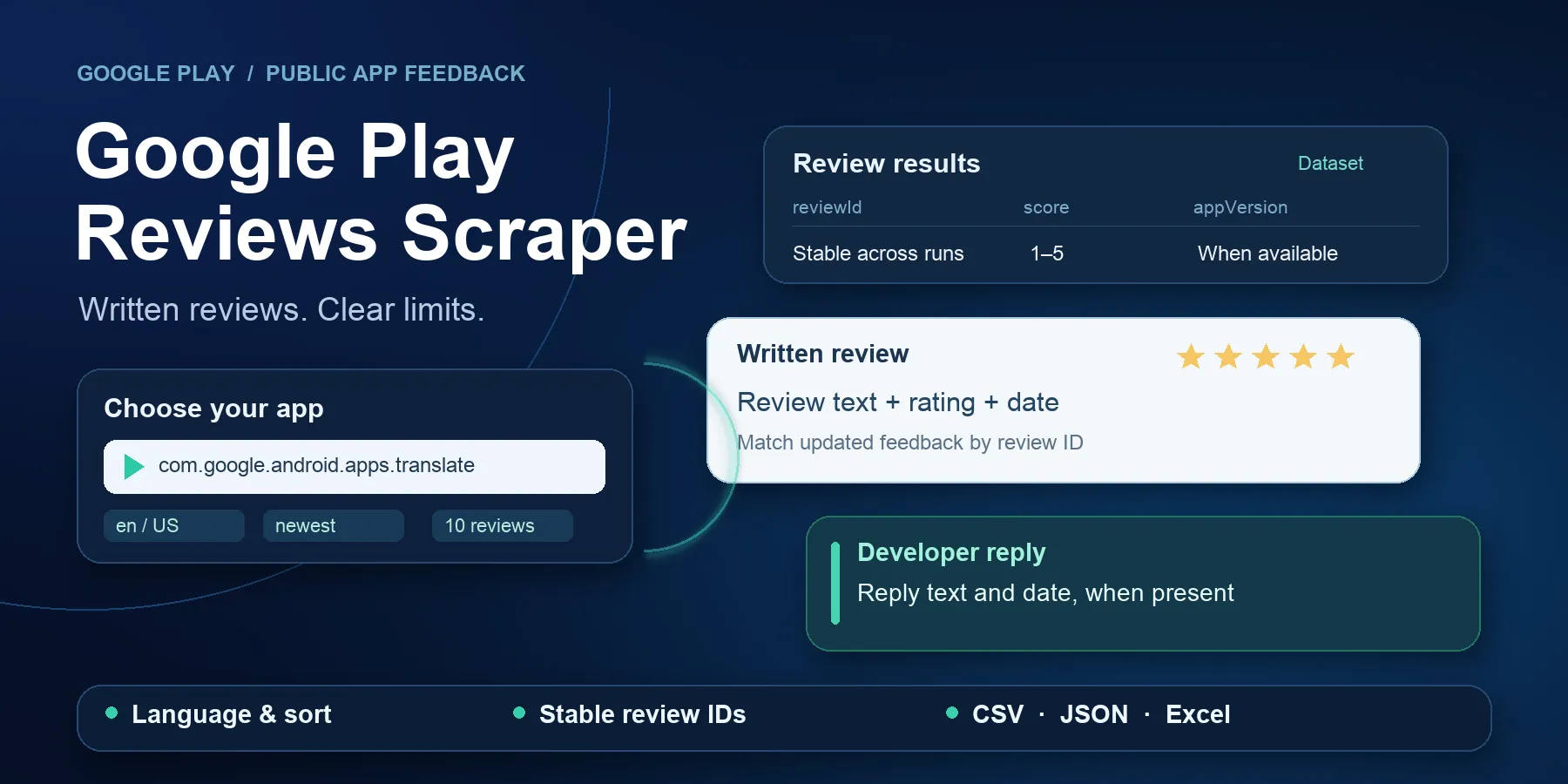 Google Play Reviews Scraper: choose an app, collect written reviews and developer replies, export CSV, JSON or Excel
