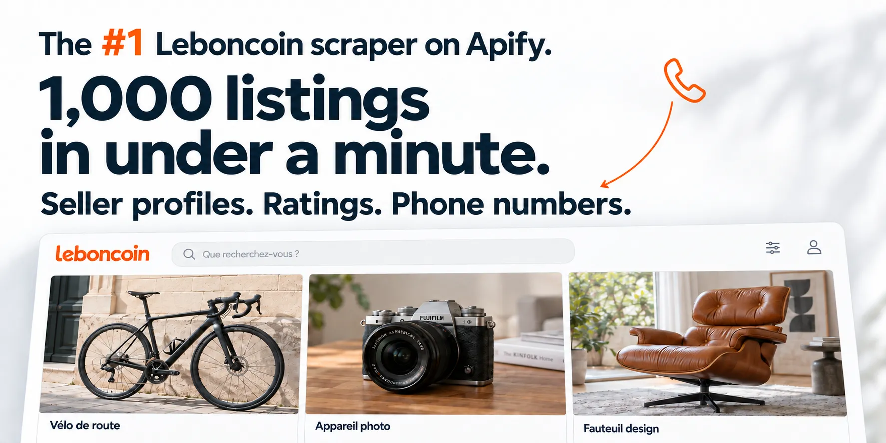 The #1 Leboncoin scraper on Apify. 1,000 listings in under a minute. Seller profiles. Ratings. Phone numbers.