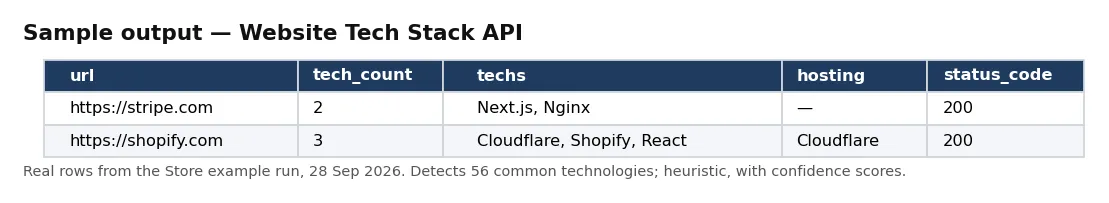 Sample output — Website Tech Stack API