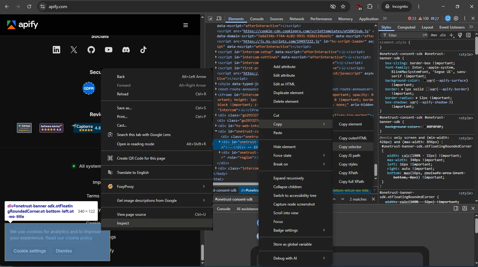 Right-click the banner, choose Inspect, then read the id or class off the highlighted element