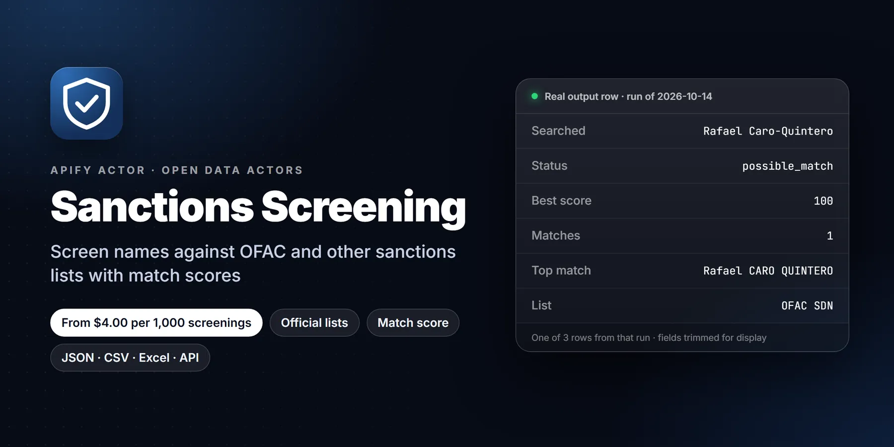 OFAC Sanctions Screening: features, price and a real output row