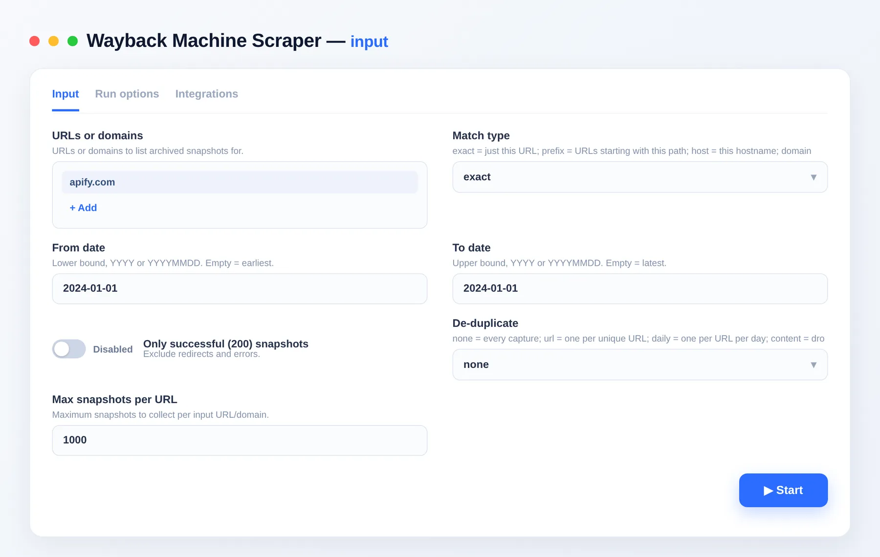 Wayback Machine Scraper input — URLs, match type and date filters in the Apify Console