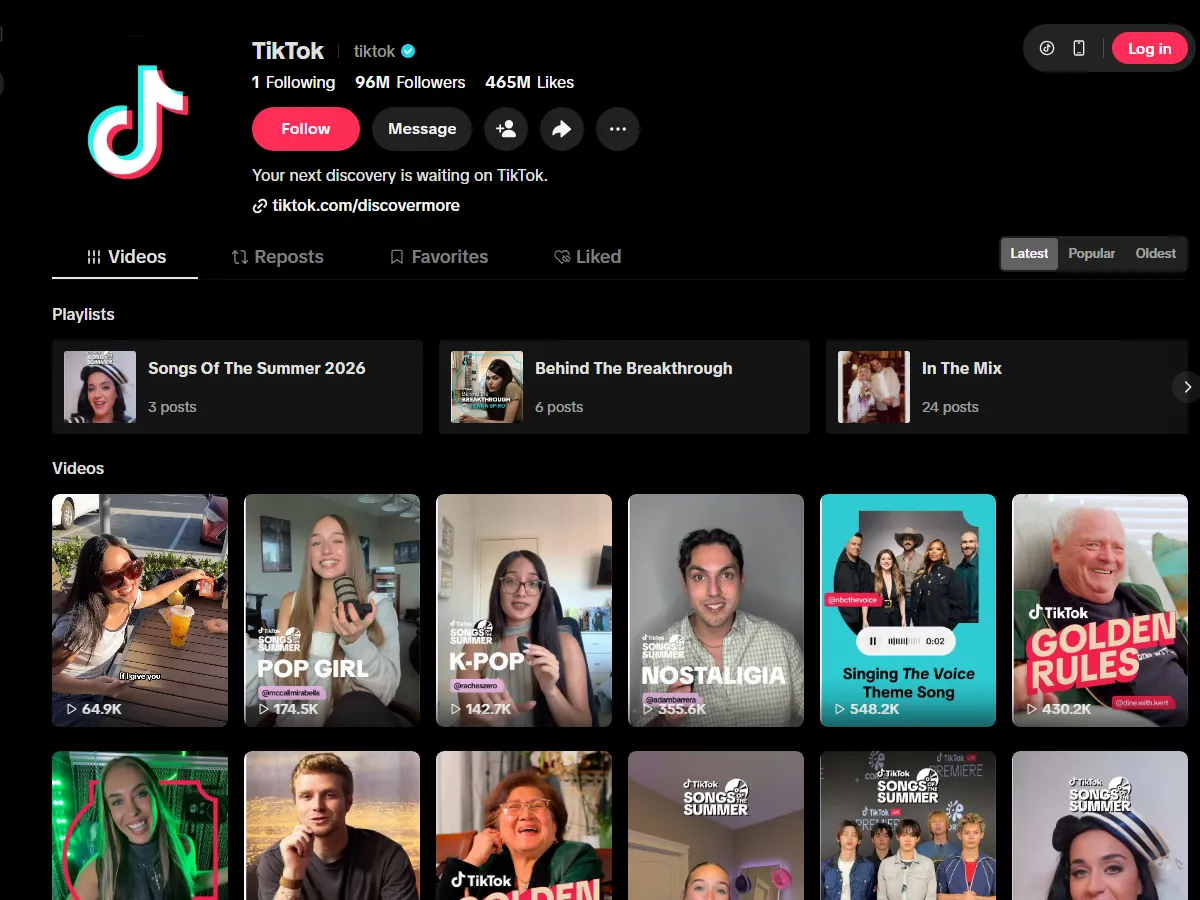 TikTok profile page with its video grid that TikTok Scraper turns into rows