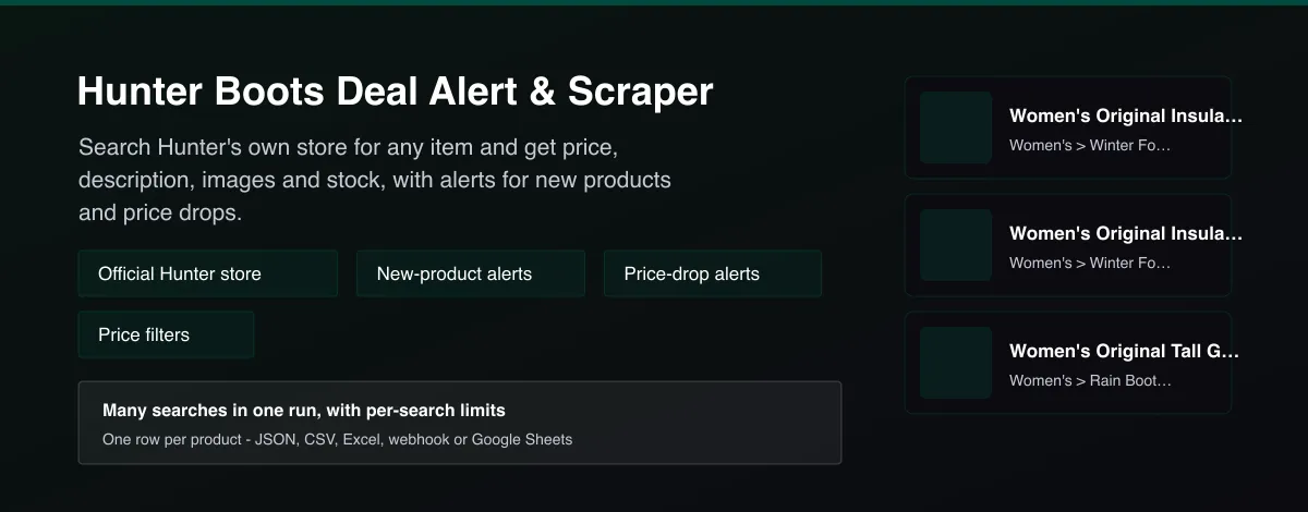 Hunter Boots Deal Alert & Scraper - product listings with price, stock and new-product alerts
