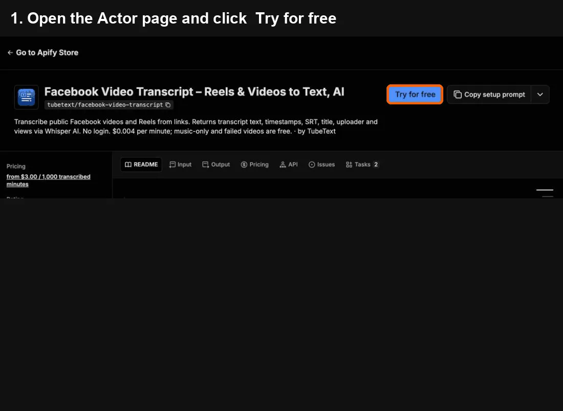 Facebook Video Transcript quick start: click Try for free, paste your input, click Start, export to Excel