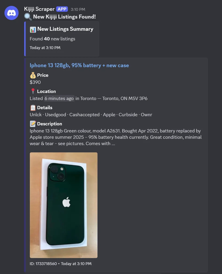 Kijiji Scraper Discord notification showing new Buy and Sell listings