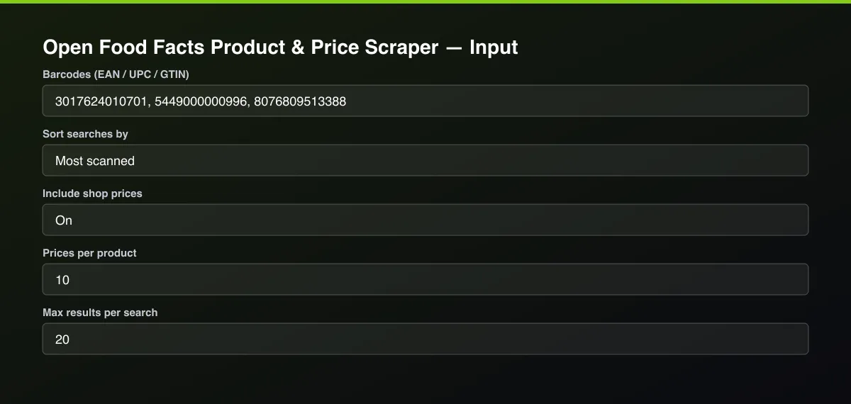 Open Food Facts Product & Price Scraper input form