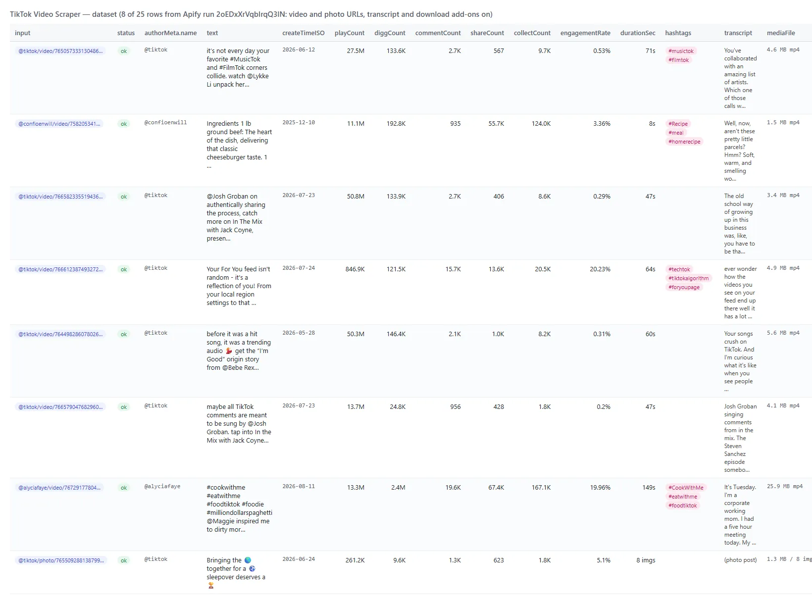 TikTok Video Scraper output table with plays, likes, comments, shares, saves, engagement rate, transcript and stored file per video