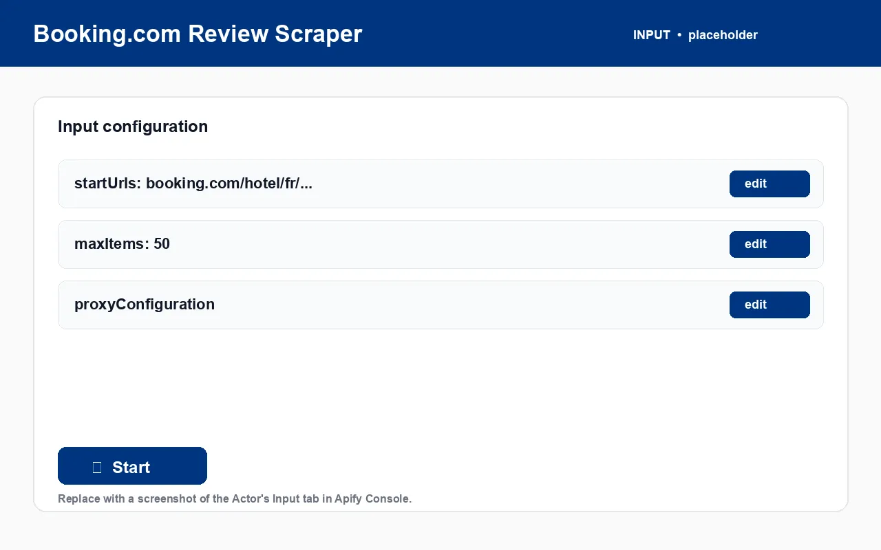 Booking.com Review Scraper input configuration panel