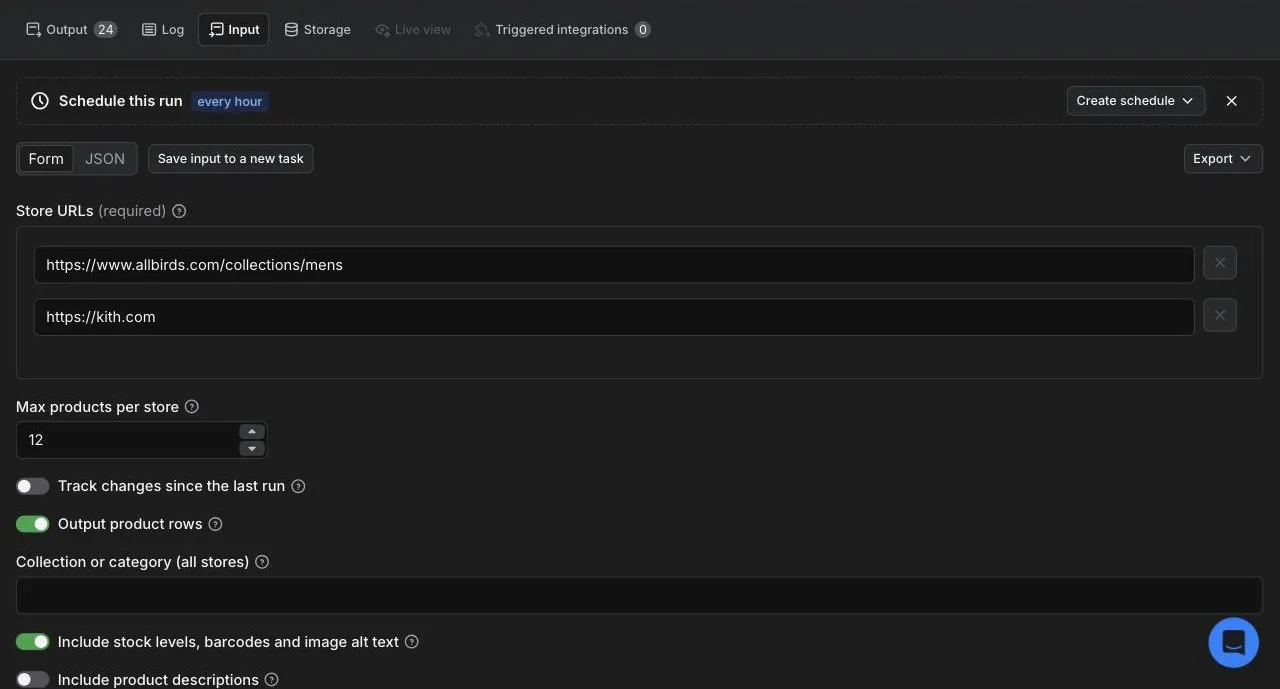 The Actor's input form in Apify Console: store URLs, max products per store, change tracking and options