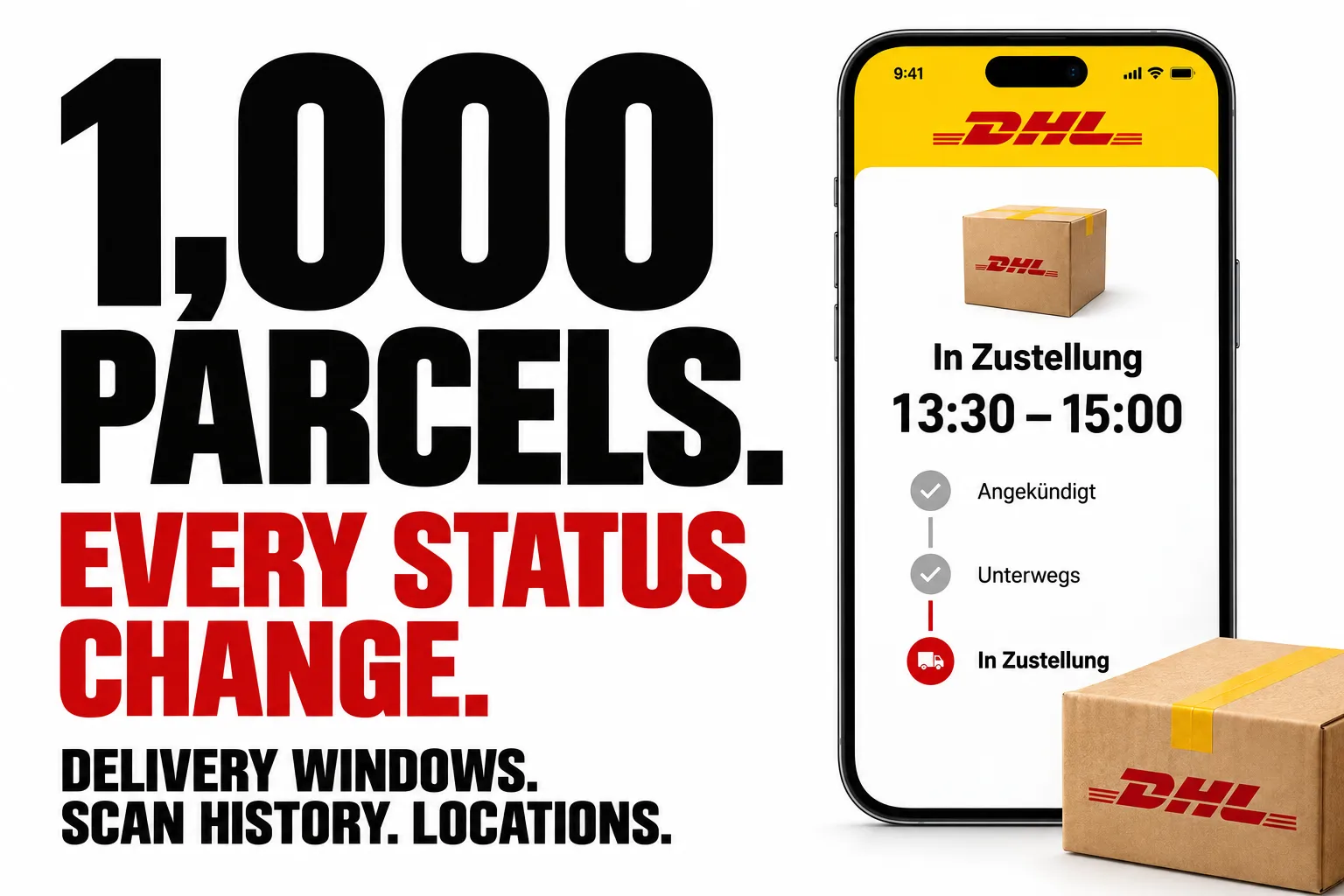 1,000 parcels. Every status change. Delivery windows. Scan history. Locations.
